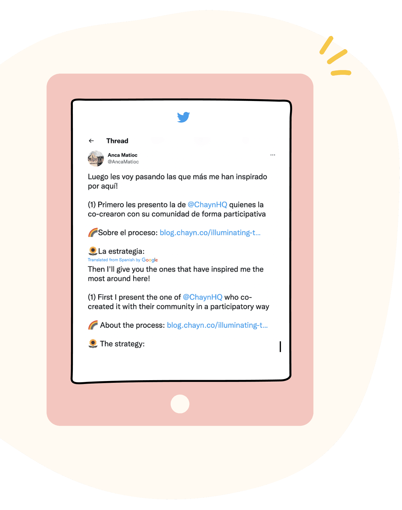 A tweet thread in which @AncaMatioc shares Chayn’s strategy process