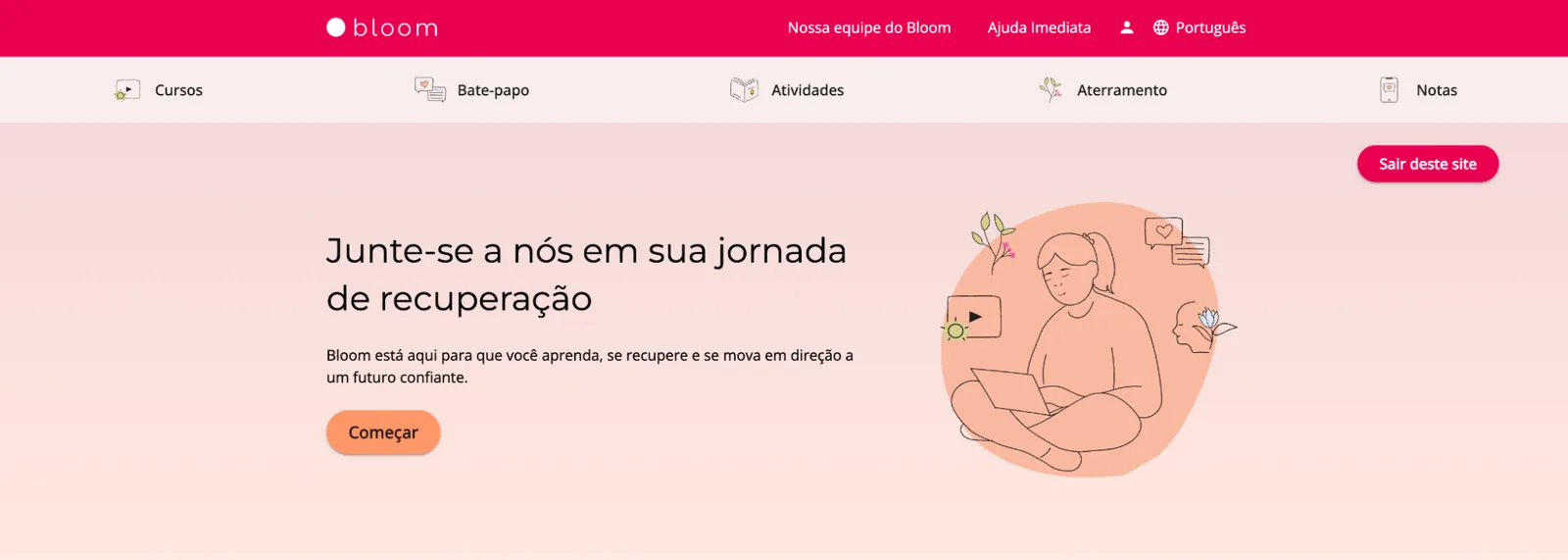 Chayn’s Bloom platform in Portuguese. Its illustrated homepage shows a person sitting cross-legged with a laptop, beside a menu of courses, chat, activities, tools and notes.