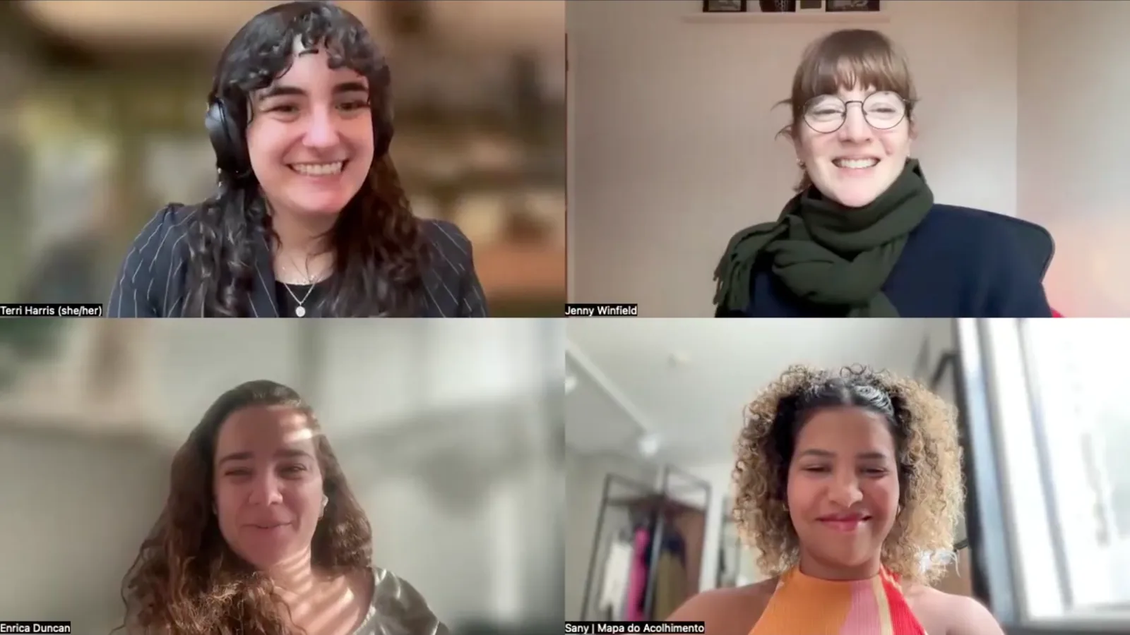 Four people smiling on a video call, including Enrica Duncan and Sany Silva from Mapa.