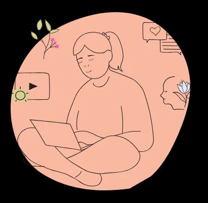 An illustration of a person sitting cross-legged with a laptop, surrounded by a video player, speech bubbles, a plant and a flower.