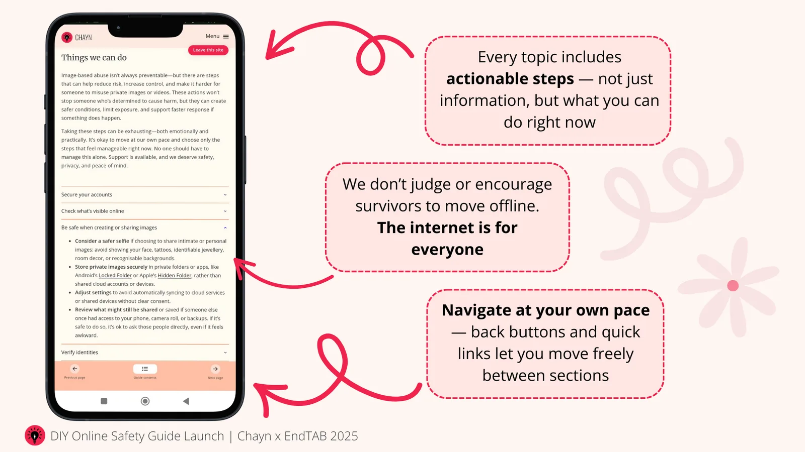 A slide from the launch of Chayn’s DIY Online Safety Guide at EndTAB 2025. A phone shows the guide on a small screen, with three callouts: every topic includes actionable steps; we don’t judge or encourage survivors to move offline, because the internet is for everyone; and readers can navigate at their own pace with back buttons and quick links.