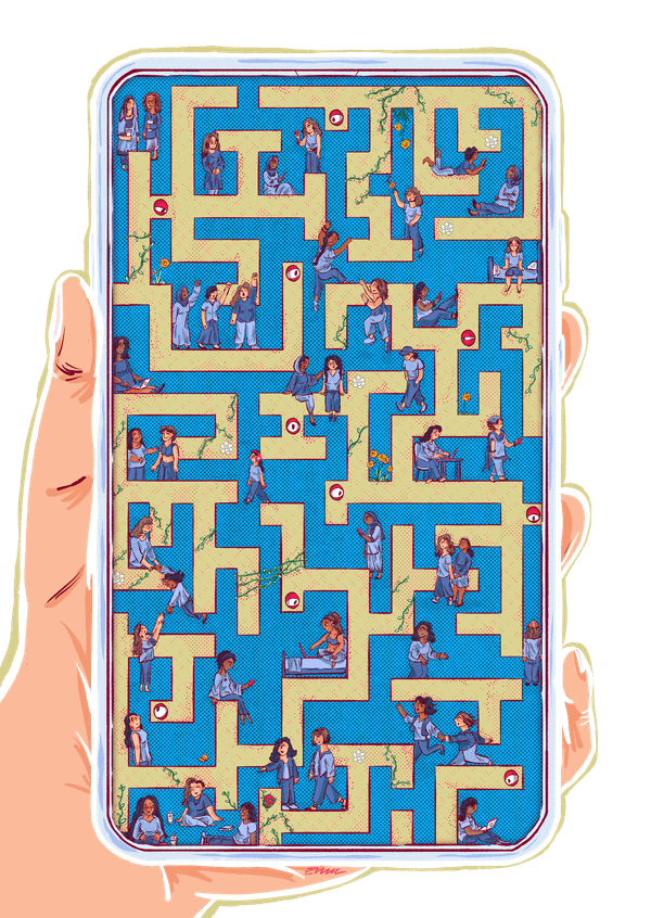 Illustration of a hand holding a phone whose screen has become a maze — the report's image of navigating image-based abuse.
