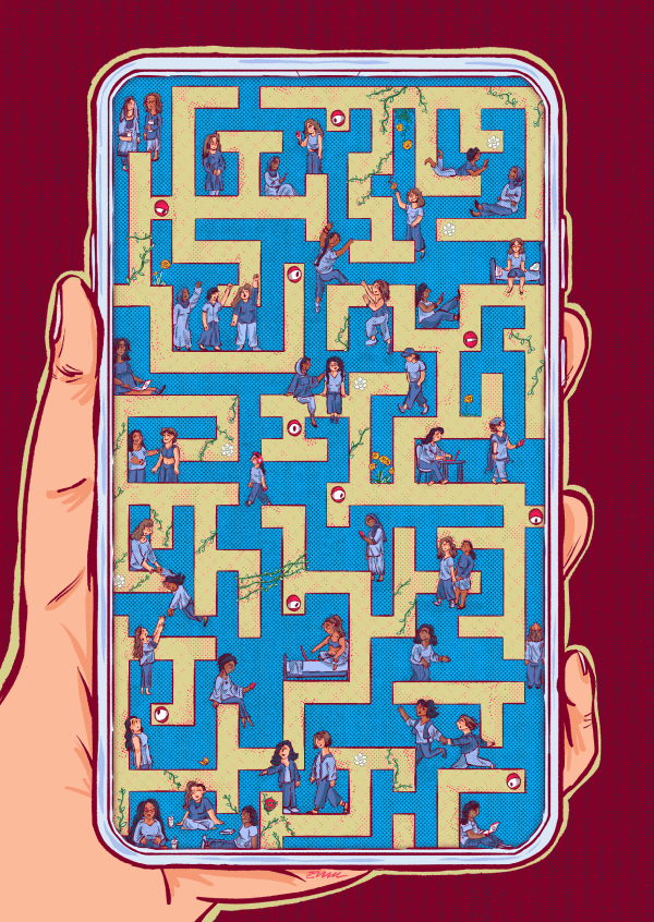 Illustration of a hand holding a phone whose screen has become a maze — the report's image of navigating image-based abuse.