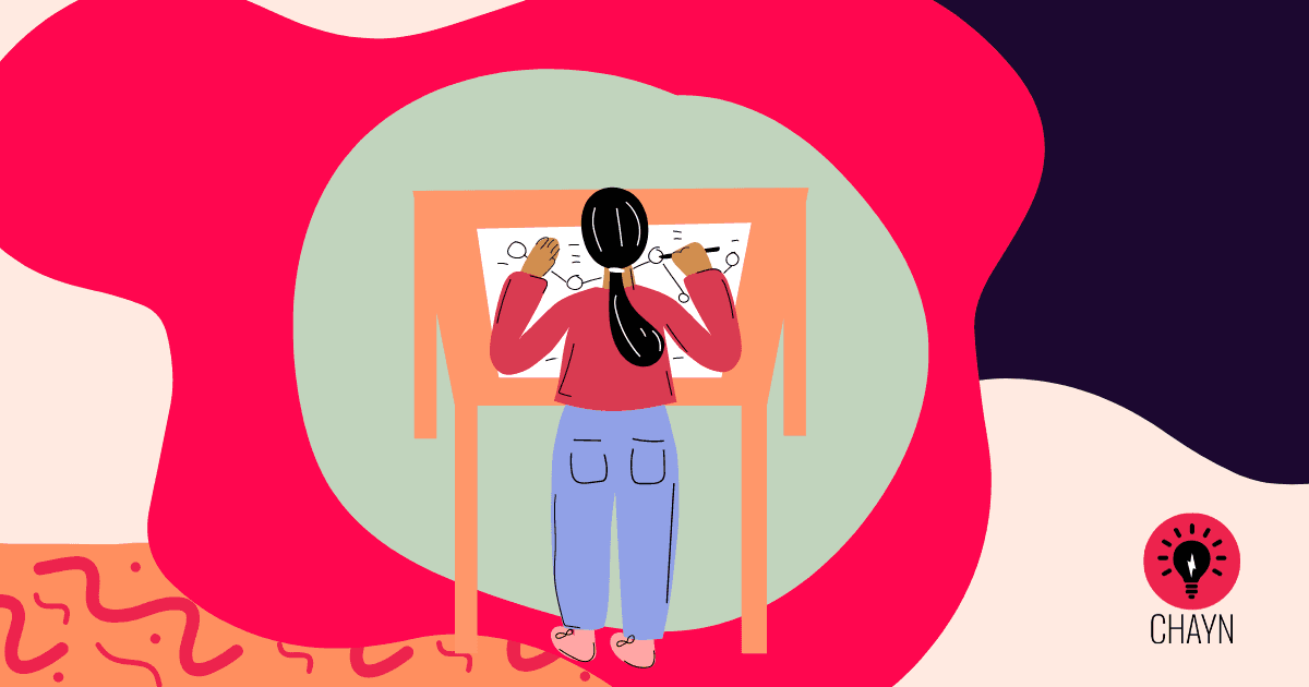 Illustration of a person standing at a desk, mapping out ideas on paper.